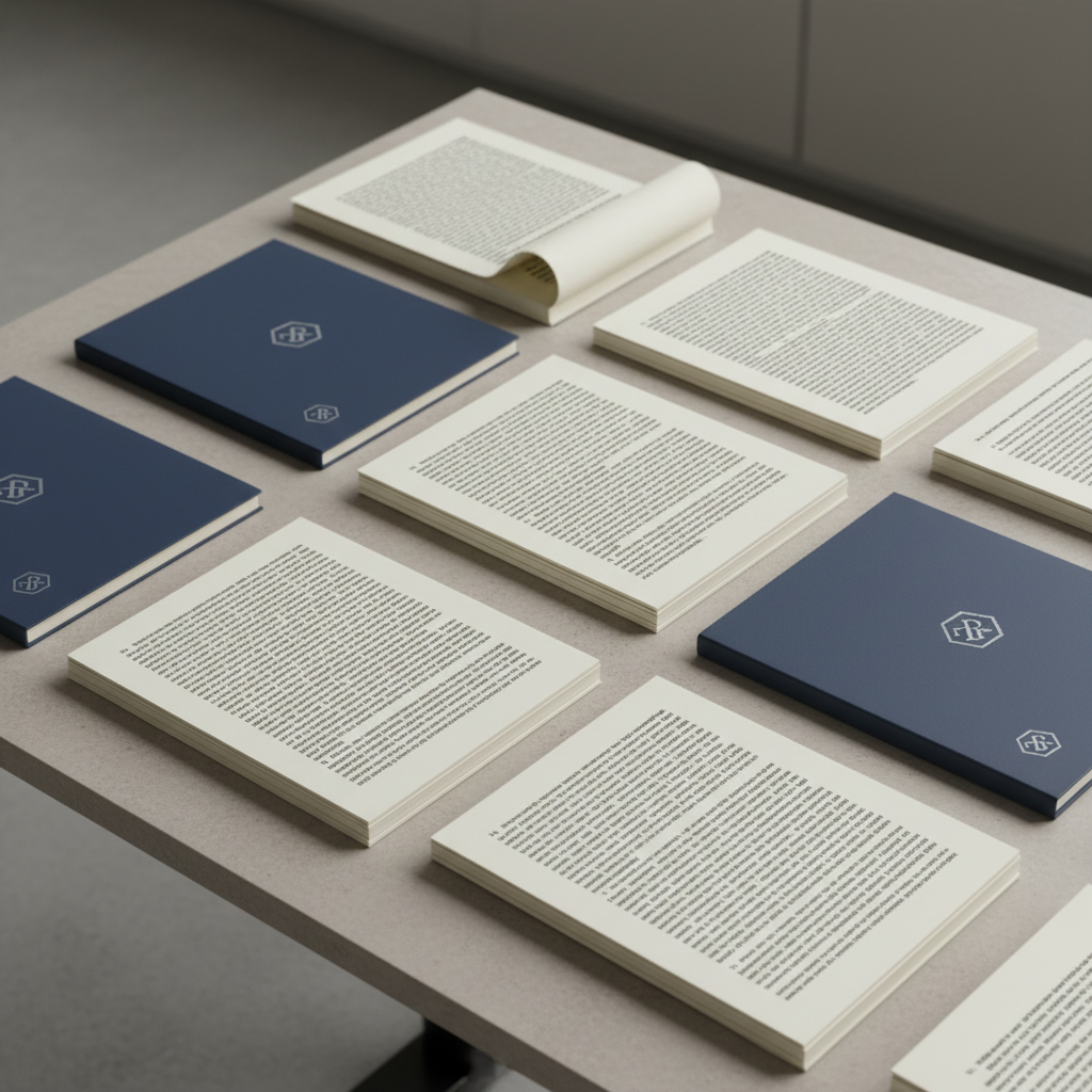A close-up of freshly printed research papers—crisp, ivory sheets with dense, black text—spread in structured alignment across a neutral-toned stone desktop. Interspersed among the documents are high-quality navy blue folders, each embossed with an understated silver institute logo. The environment is a light-filled, modern workspace with unobtrusive muted gray walls in the background. Diffused daylight creates gentle, natural highlights without harsh contrasts. The overall mood is analytical and purposeful, emphasizing a dedication to rigorous research. Shot from above using bird’s eye view composition with sharp focus and minimal background clutter, supporting a clean, professional site identity.