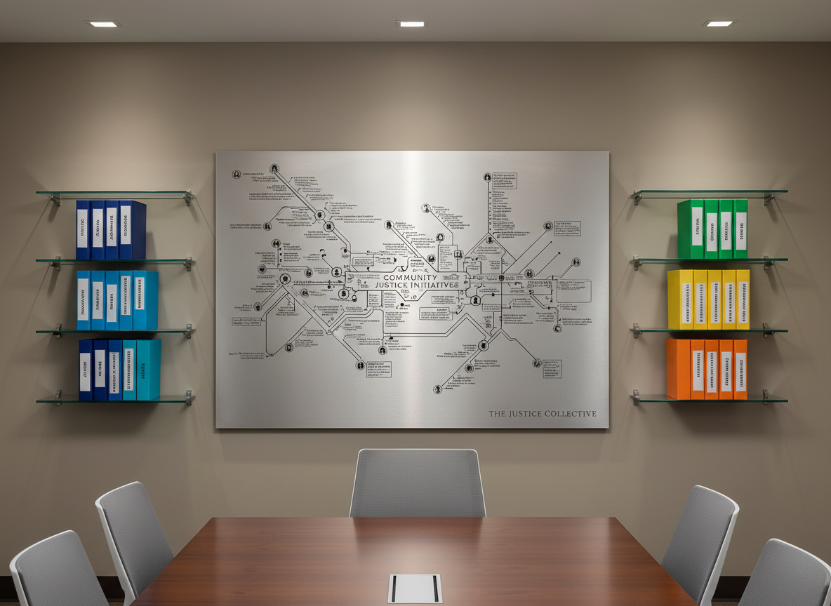 A detailed image of a minimalist wall display featuring an intricate map of community justice initiatives, laser-etched into a brushed aluminum panel. The panel is mounted against a smooth, taupe conference room wall flanked by floating glass shelves with color-coded binders arranged neatly. The soft, indirect glow of recessed ceiling lights creates subtle reflections and crisp edges on the metal surface, enhancing depth. The atmosphere is forward-thinking and methodical, conveying structured progress and innovation. Captured straight-on with balanced, grid-like composition and photographic clarity aligning with a professional, nonprofit reform organization.