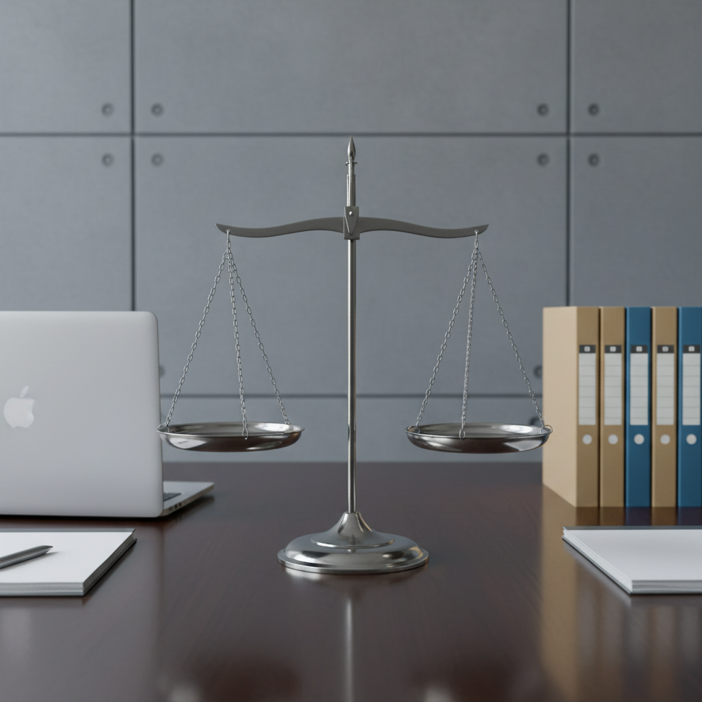 A pristine stainless steel balance scale, its polished metal surfaces gleaming against a background of matte slate-gray panels and an orderly row of legal folders. The scale stands centrally on a high-gloss, dark wood desk, surrounded by crisp white notepads and a closed laptop, all meticulously positioned. Soft, even studio lighting bathes the scene, highlighting the scale’s reflective texture while casting clean, geometric shadows. The mood is one of equilibrium and authority, reinforcing a sense of objective analysis. Captured at eye-level with symmetrical composition and sharp details, the photographic realism and corporate aesthetic reinforce credibility for a policy-focused nonprofit.