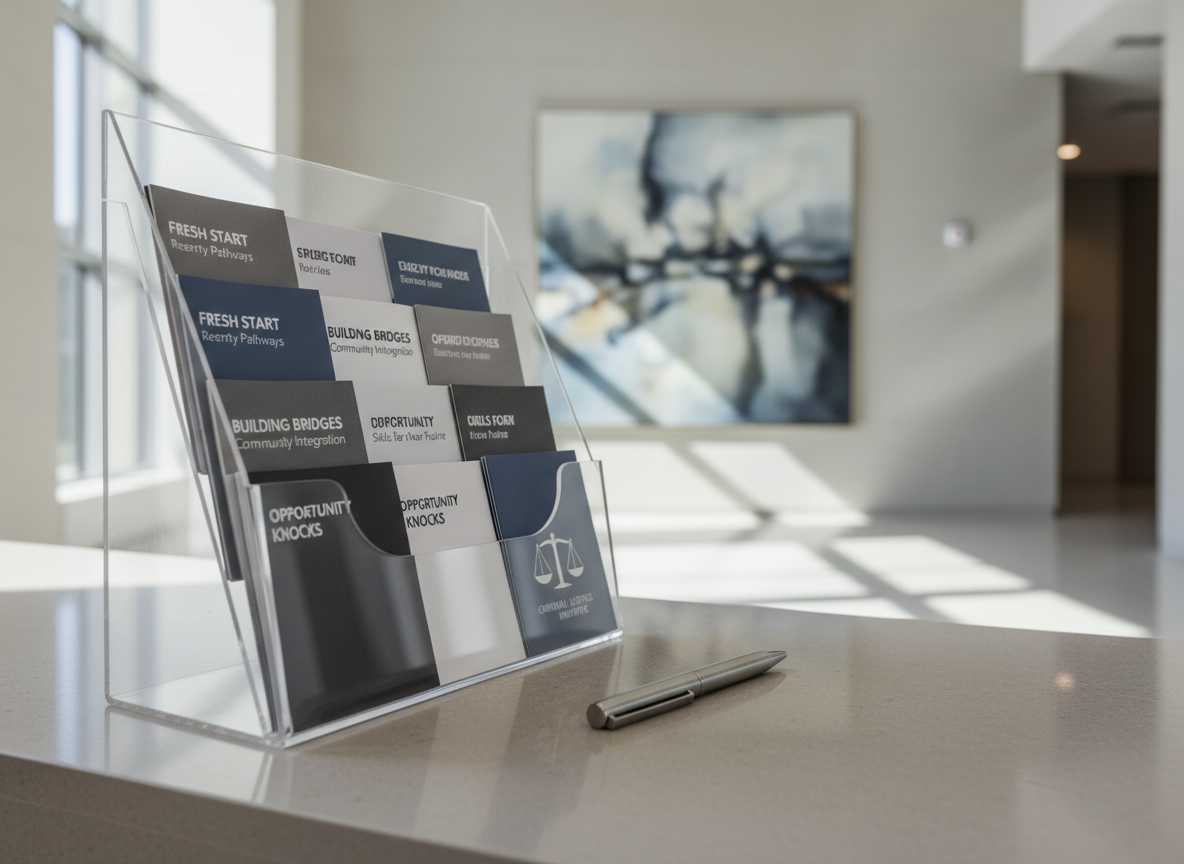 A sleek transparent acrylic brochure holder filled with neatly arranged, high-gloss educational pamphlets about reentry programs, each in understated tones of gray, blue, and white. The holder sits atop a pristine stone reception counter, accompanied only by a discreet institution-branded pen. The setting is a professional lobby with clean architectural lines and a large muted abstract painting in the background, softly out of focus. Natural afternoon light filters in from a side window, producing gentle shadows and enhancing the tactile quality of each pamphlet. The composition is slightly angled for depth but maintains a structured, uncluttered look, reflecting the site’s mission of public education in criminal justice reform.