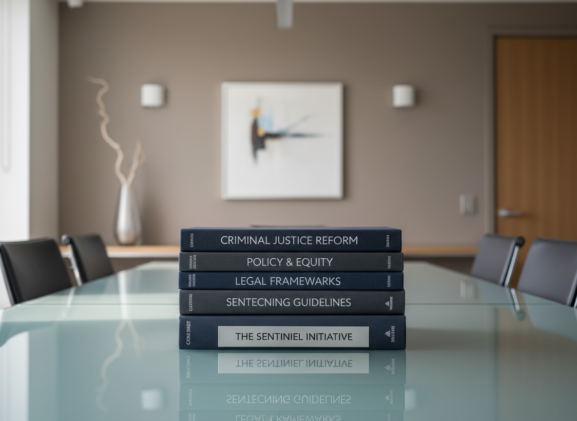 A stack of modern hardcover legal books with deep navy and charcoal covers, each embossed with minimalist silver titles, neatly arranged atop a sleek glass conference table. The setting is a spacious, professional office with clean, architectural lines, neutral taupe walls, and minimalist decor like a frosted glass vase in the background. Cool, diffused daylight streams in from an unseen window, creating crisp highlights on the book spines and soft shadows on the table surface. The mood is polished and contemplative, evoking trust and expertise. Captured from a slightly elevated angle using balanced, centered composition with sharp focus throughout, the photographic style is clean, corporate, and structured, ideal for introducing a criminal justice reform think tank.